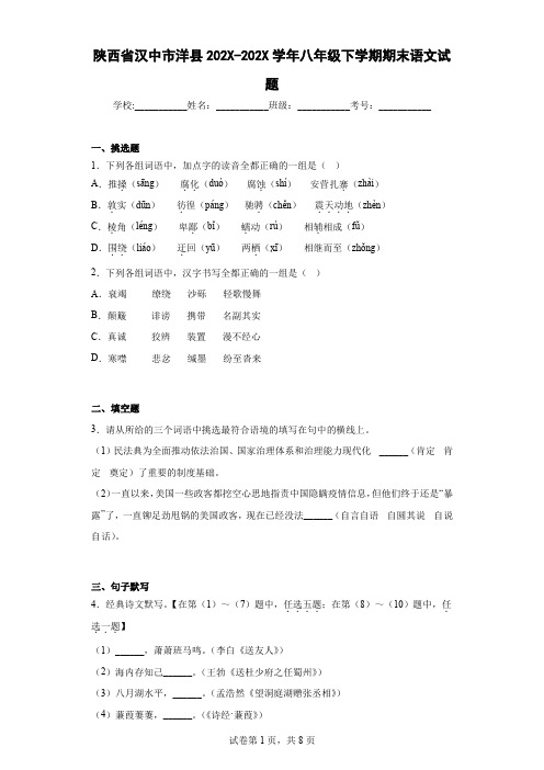 陕西省汉中市洋县2020-2021学年八年级下学期期末语文试题(含答案解析)