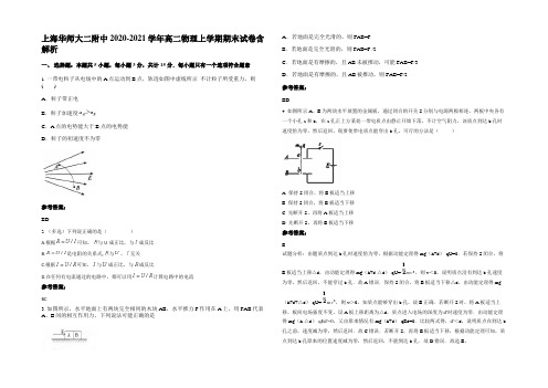 上海华师大二附中2020-2021学年高二物理上学期期末试卷带解析