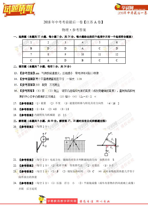 【试题猜想】中考考前最后一卷 物理(江苏南京A卷)(参考答案)