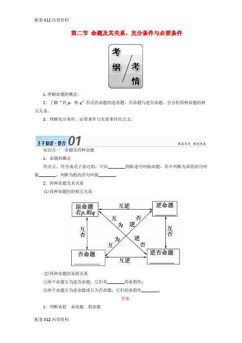 [配套K12]2018届高考数学一轮复习 第一章 集合与常用逻辑用语 第二节 命题及其关系、充分条件