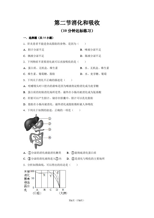 人教版生物七下2.2消化和吸收10分钟达标练习