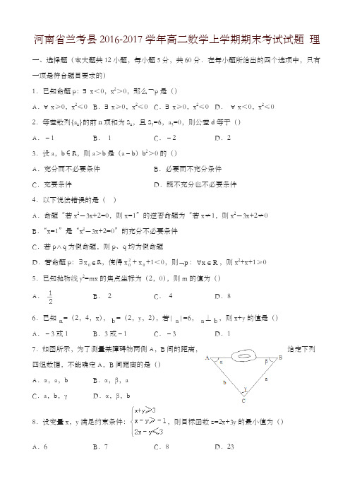 兰考县高二数学上学期期末考试试题(理)(有答案)-精品