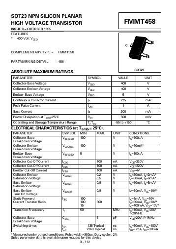 FMMT458中文资料