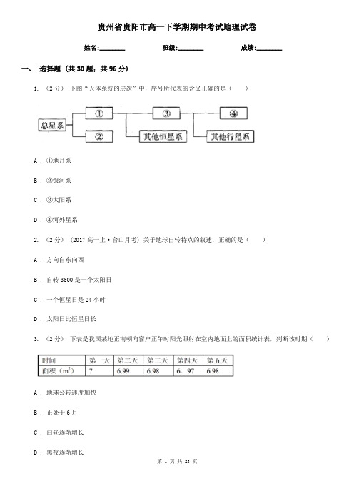 贵州省贵阳市高一下学期期中考试地理试卷