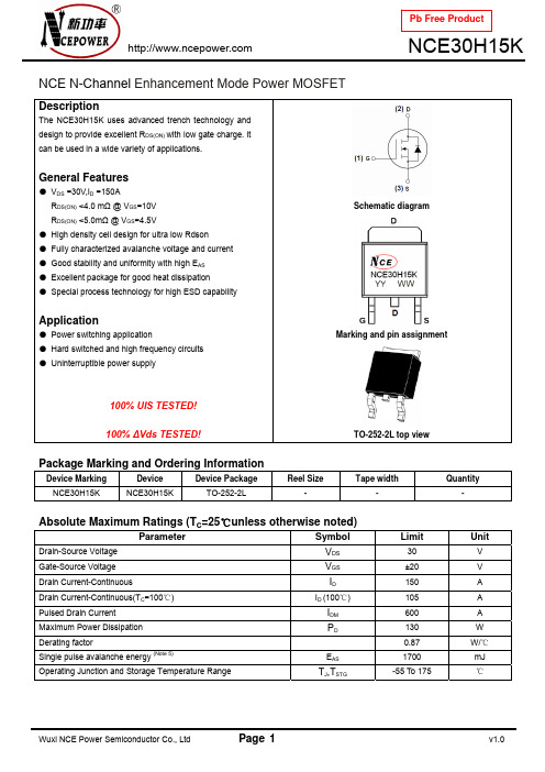 NCE N-Channel Enhancement Mode Power MOSFET 商品说明书