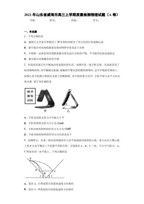 2021年山东省威海市高三上学期质量检测物理试题(A卷)