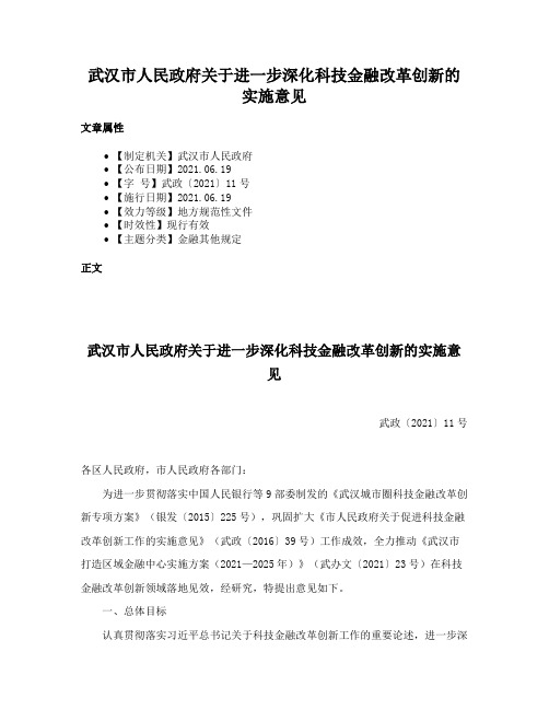 武汉市人民政府关于进一步深化科技金融改革创新的实施意见