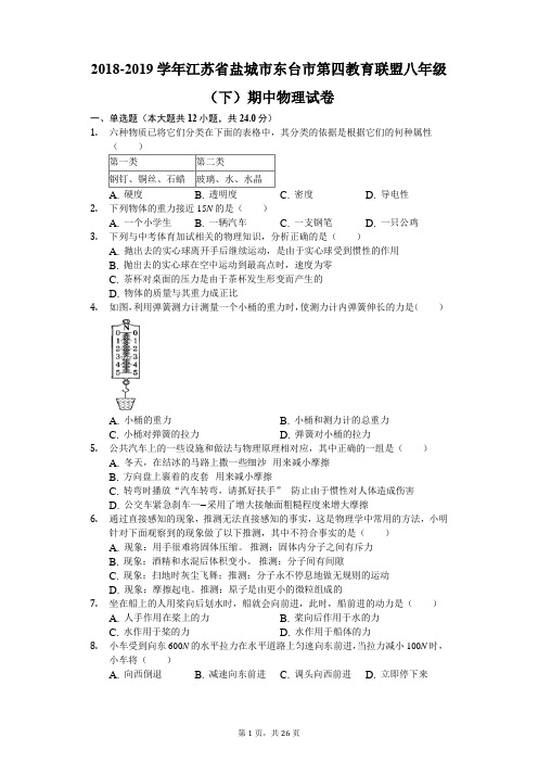 2018-2019学年江苏省盐城市东台市第四教育联盟八年级(下)期中物理试卷(解析版)