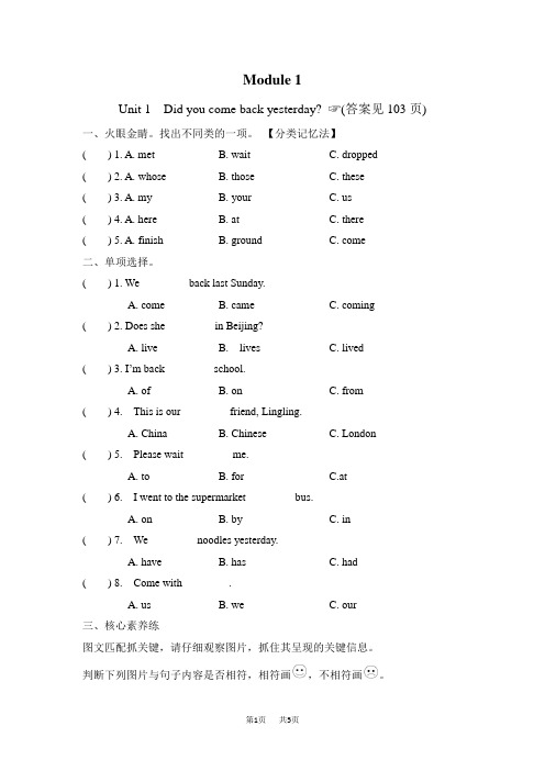 WY版五年级上册英语M1 Unit 1 Did you come back yesterday 作业