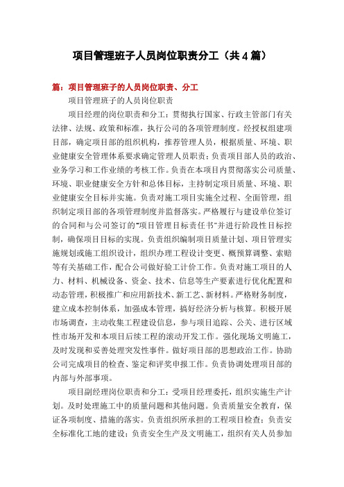 项目管理班子人员岗位职责分工(共4篇)