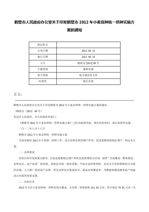 鹤壁市人民政府办公室关于印发鹤壁市2012年小麦良种统一供种实施方案的通知-鹤政办[2012]50号