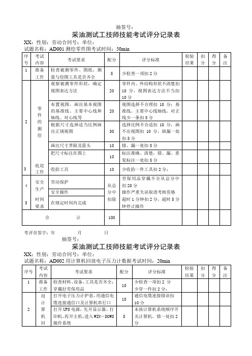 石油行业技能鉴定采油测试工技能考核评分记录表