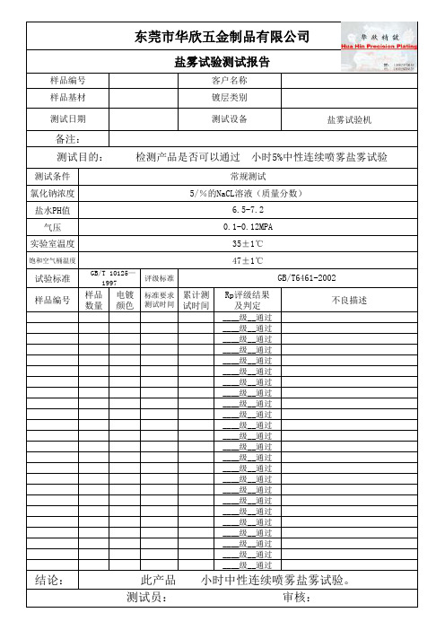 盐雾试验测试报告格式