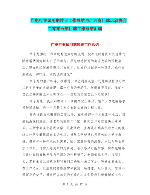 广电行业试用期转正工作总结与广西省门球运动协会二零零五年门球工作总结汇编.doc