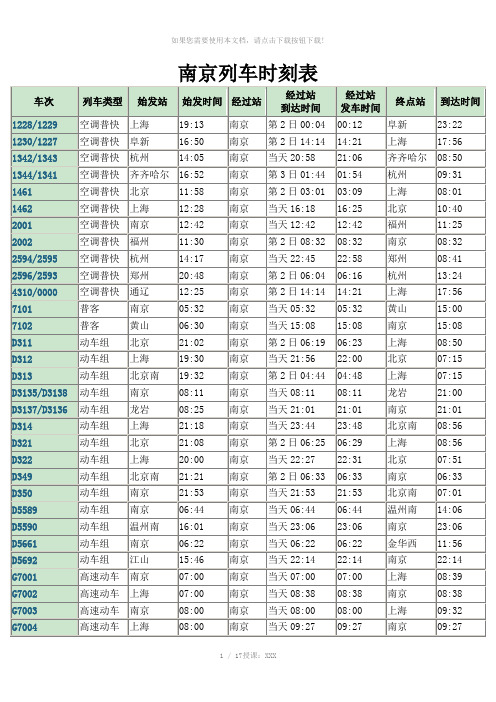 南京列车时刻表