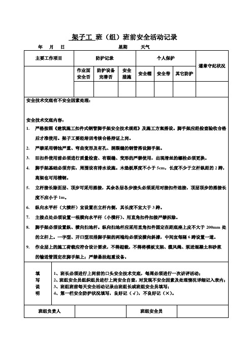 6、架子工班(组)班前安全活动记录