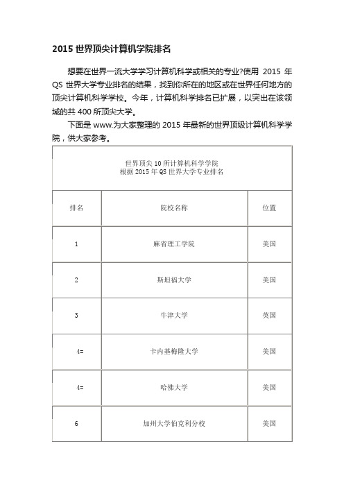 2015世界顶尖计算机学院排名