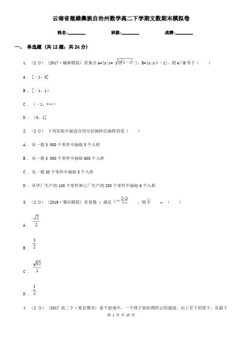 云南省楚雄彝族自治州数学高二下学期文数期末模拟卷