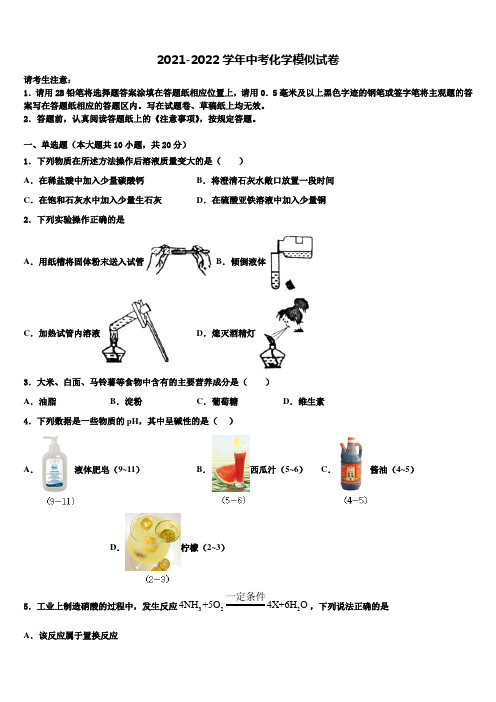 2022届山东省宁阳十一中重点中学中考化学全真模拟试卷含解析