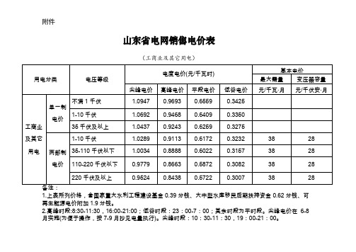 山东省电网销售电价表