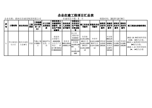 湖南长信建设集团有限公司省内在建工程项目汇总表