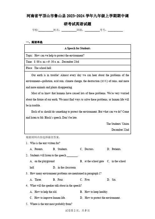 河南省平顶山市鲁山县2023-2024学年九年级上学期期中调研考试英语试题