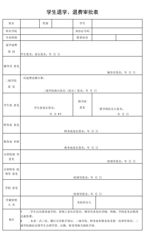 学生退学、退费审批表(模板)