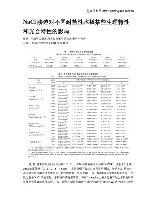 NaCl胁迫对不同耐盐性水稻某些生理特性和光合特性的影响