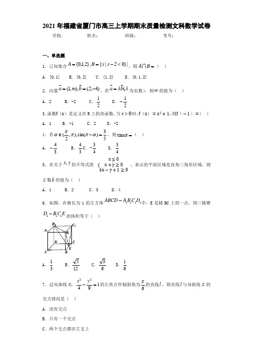 2021届福建省厦门市高三上学期期末质量检测文科数学试卷