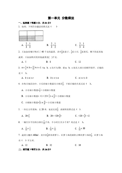 第一单元 分数乘法单元测试(无答案)人教版六年级上册数学