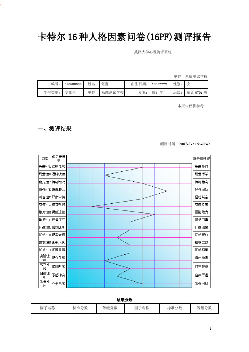 卡特尔16种人格因素问卷测评报告
