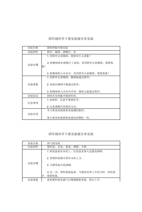 四年级科学下册实验报告单实验