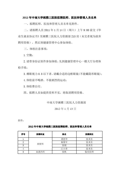 2012年中南大学湘雅三医院新聘医师、医技和管理人员名单