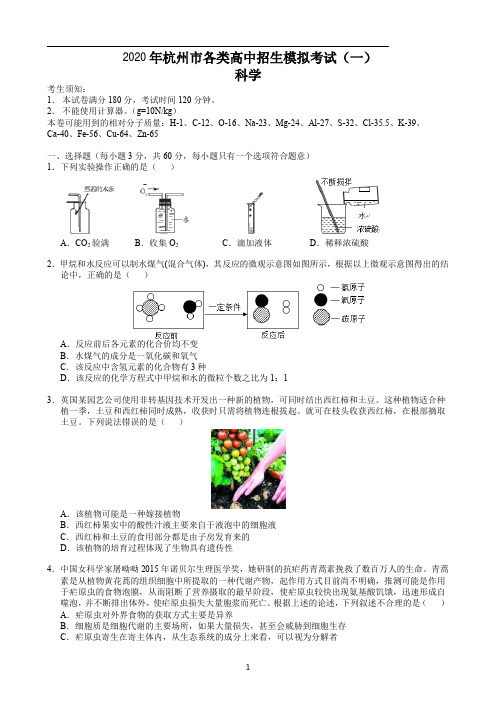 2020年杭州市各类高中招生科学模拟试题及解析