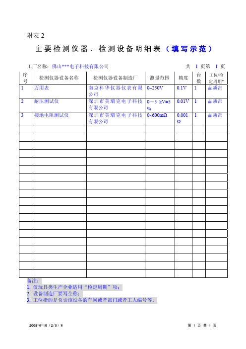 填写示范-附表2：主要检测仪器明细表(1)