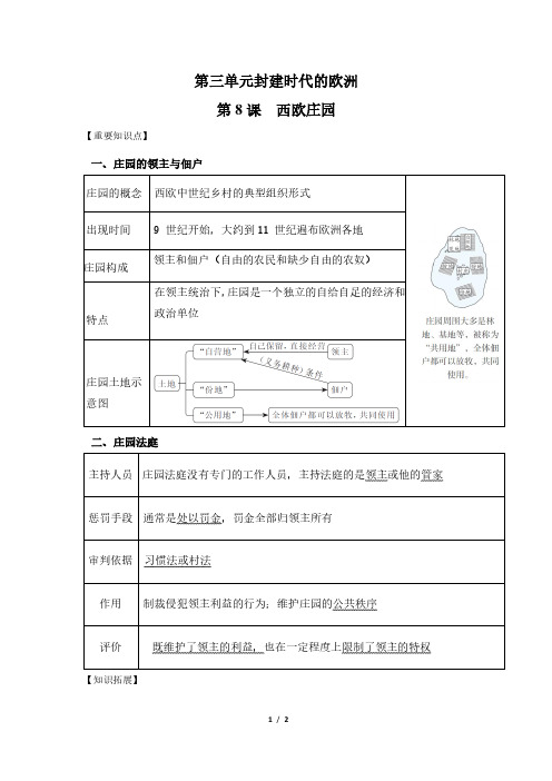【精选】人教版九年级上册历史第8课《西欧庄园》重要知识点总结西欧庄园