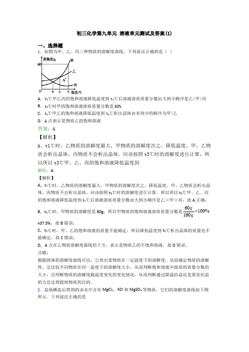 初三化学第九单元 溶液单元测试及答案(1)