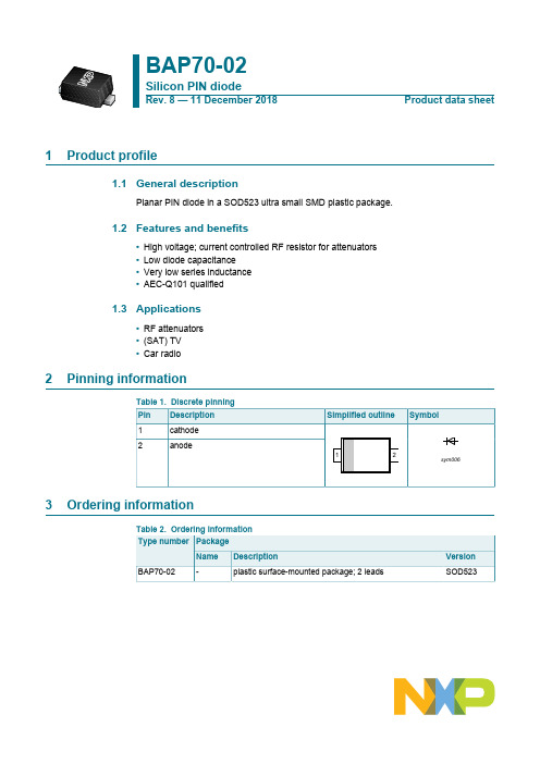 NXP BAP70-02 平面PIN晶体管数据手册说明书
