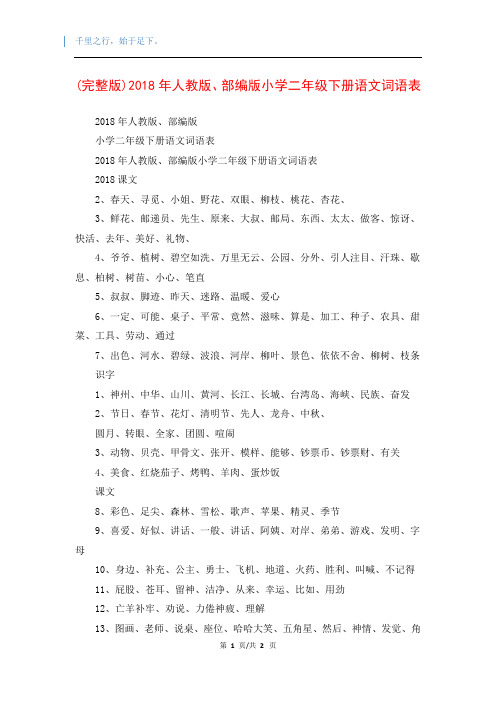 (完整版)2018年人教版、部编版小学二年级下册语文词语表