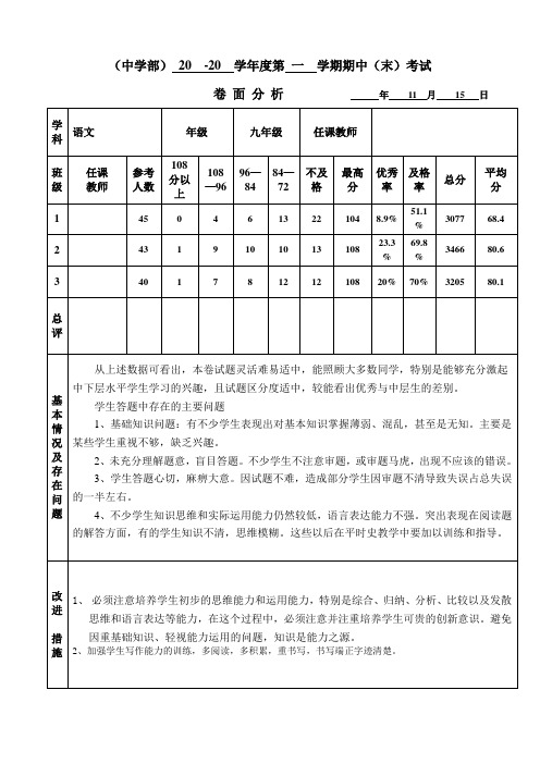 九年级上册语文期中试卷分析