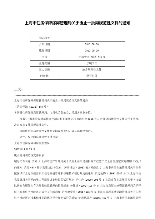 上海市住房保障房屋管理局关于废止一批局规范性文件的通知-沪房管法[2012]345号