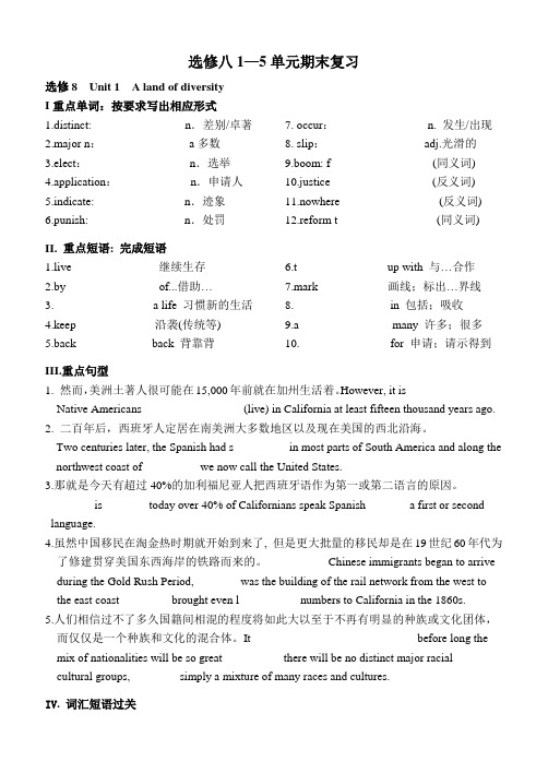 人教版高中英语选修八1—5单元复习(含答案)