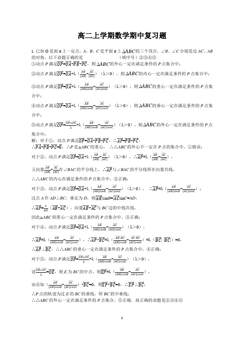 上海高二上学期第一学期数学期中复习题,期中训练题
