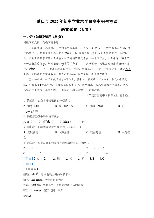 精品解析：2022年重庆市中考语文真题A卷(解析版)