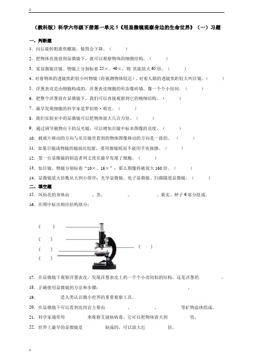 教科版小学科学六年级下册科学第一单元  5《用显微镜观察身边的生命世界》(一)习题