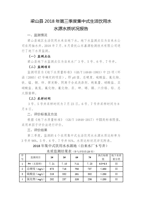 梁山县2018年第三季度集中式生活饮用水水源水质状况报告