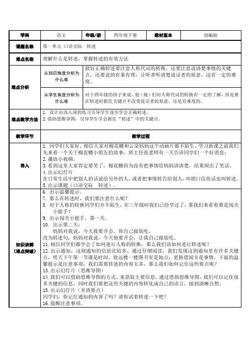 部编版四年级语文下册四下语文《口语交际：转述》优秀教学设计精选合集-微课教案合集