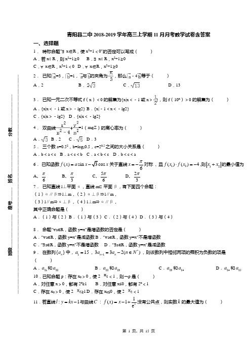 青阳县二中2018-2019学年高三上学期11月月考数学试卷含答案