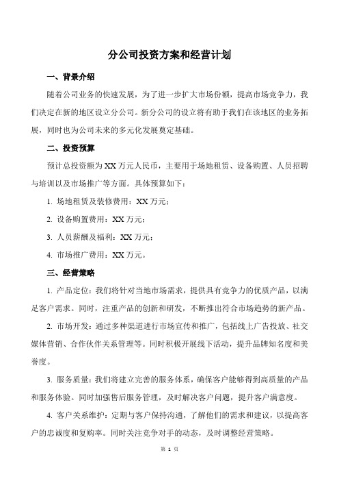 分公司 投资方案和经营计划