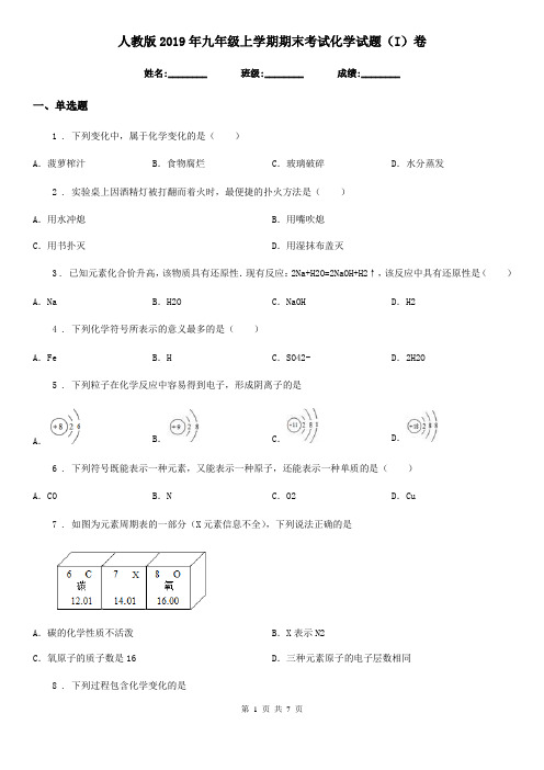 人教版2019年九年级上学期期末考试化学试题(I)卷精编